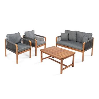 Tavira 4 pc Modern Bohemian Acacia Wood Outdoor Patio Set With Cushions