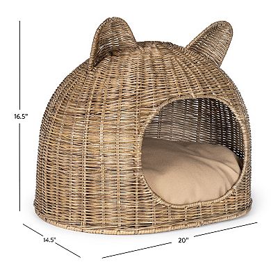 Cat Ear 20" X 14.5" Coastal Handwoven Rattan Cat Bed With Machine-washable Cushion