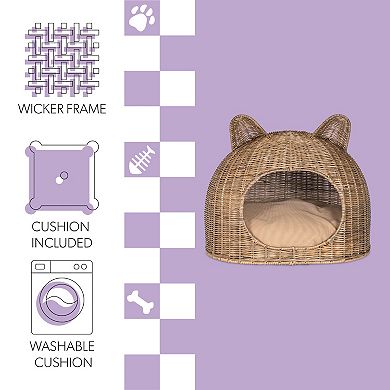 Cat Ear 20" X 14.5" Coastal Handwoven Rattan Cat Bed With Machine-washable Cushion