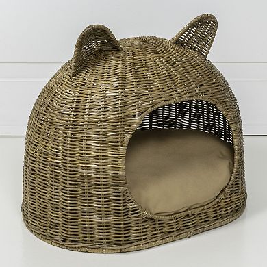 Cat Ear 20" X 14.5" Coastal Handwoven Rattan Cat Bed With Machine-washable Cushion