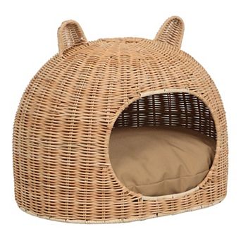 Cat Ear 20" x 14.5" Coastal Handwoven Water Hyacinth Pet Bed with Machine-Washable Cushion