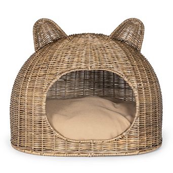 Cat Ear 20" x 14.5" Coastal Handwoven Water Hyacinth Pet Bed with Machine-Washable Cushion