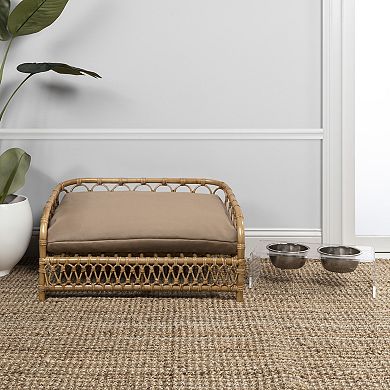 Elevated 27.5" X 17" Bohemian Handwoven Rattan Dog Daybed With Machine-washable Cushion