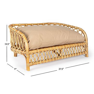 Elevated 27.5" X 17" Bohemian Handwoven Rattan Dog Daybed With Machine-washable Cushion