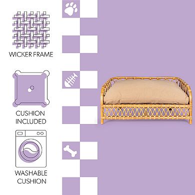 Elevated 27.5" X 17" Bohemian Handwoven Rattan Dog Daybed With Machine-washable Cushion