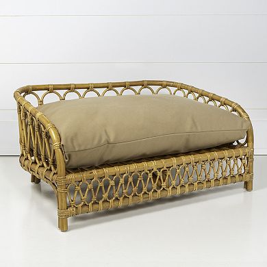 Elevated 27.5" X 17" Bohemian Handwoven Rattan Dog Daybed With Machine-washable Cushion