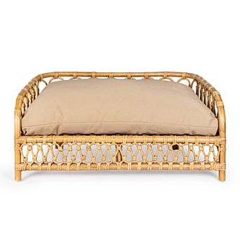 Elevated 27.5" x 17" Bohemian Handwoven Rattan Pet Daybed with Machine-Washable Cushion