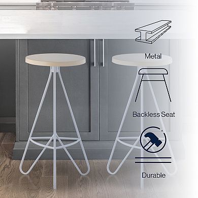 Trinity 30" Modern Industiral Iron Tripod Backless Bar Stool, Almond Seat With White Frame