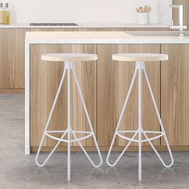 Trinity 30" Modern Industiral Iron Tripod Backless Bar Stool, Almond Seat With White Frame