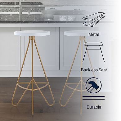 Trinity 30" Modern Industiral Iron Tripod Backless Bar Stool, White Seat With Gold Frame
