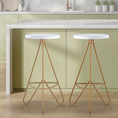 Trinity 30" Modern Industiral Iron Tripod Backless Bar Stool, White Seat With Gold Frame