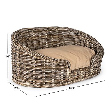 Curvy 28.5" X 17.25" Classic Handwoven Rattan Dog Bed With Machine-washable Cushion