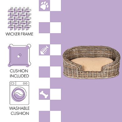 Curvy 28.5" X 17.25" Classic Handwoven Rattan Dog Bed With Machine-washable Cushion