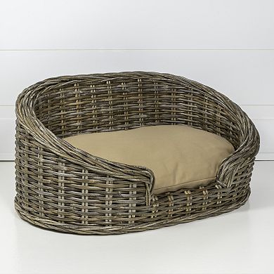 Curvy 28.5" X 17.25" Classic Handwoven Rattan Dog Bed With Machine-washable Cushion