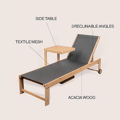 Modern Acacia Wood Mesh 3-position Outdoor Chaise Lounge Set With Side Table