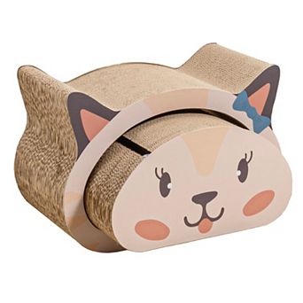 Opal 19" Modern Cardboard Happy Cat Head 2-in-1 Cat Cave Scratcher, Built-in Bell Toys And Catnip