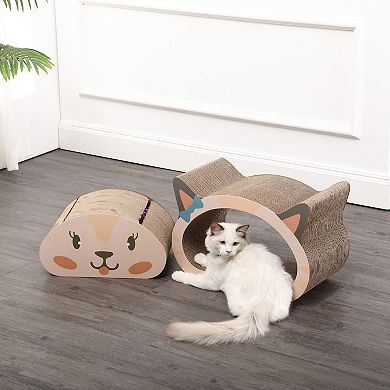 Opal 19" Modern Cardboard Happy Cat Head 2-in-1 Cat Cave Scratcher, Built-in Bell Toys And Catnip