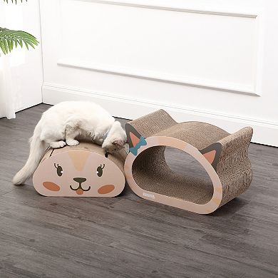 Opal 19" Modern Cardboard Happy Cat Head 2-in-1 Cat Cave Scratcher, Built-in Bell Toys And Catnip