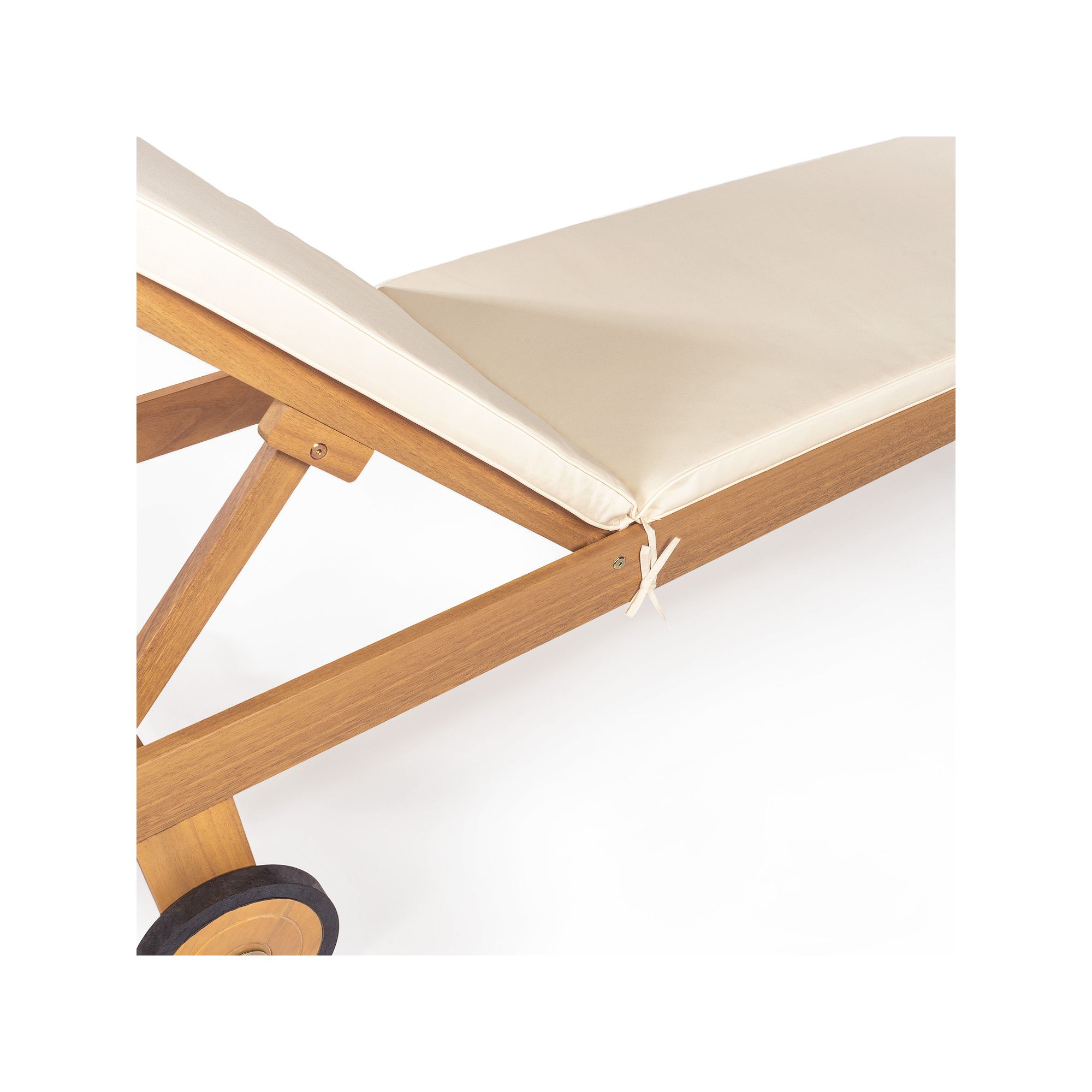 Close-up of the wooden frame and folding mechanism of a chaise chair.