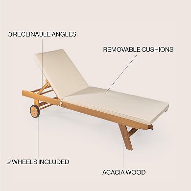 Mallorca Modern Classic Foldable Adjustable Wood Chaise Outdoor Lounge Chair with Cushion & Wheels