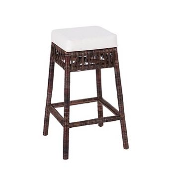 Bali 29.5" Bohemian Basics Rattan Backless Bar Stool, White Cushion With Dark Brown Woven Frame