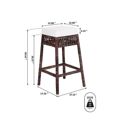 Bali 29.5" Bohemian Basics Rattan Backless Bar Stool, White Cushion With Dark Brown Woven Frame