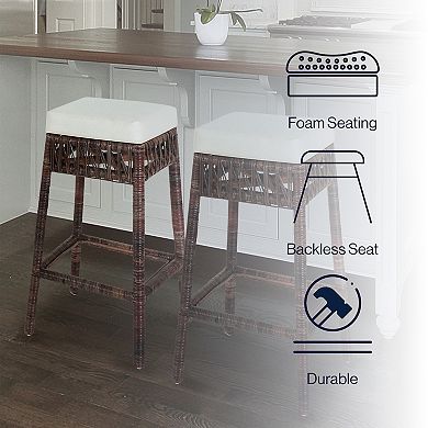Bali 29.5" Bohemian Basics Rattan Backless Bar Stool, White Cushion With Dark Brown Woven Frame