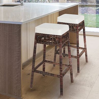 Bali 29.5" Bohemian Basics Rattan Backless Bar Stool, White Cushion With Dark Brown Woven Frame
