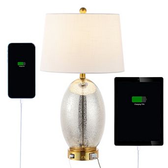 26.5" 1-outlet Style Iron/glass Led Table Lamp With Usb Charging Port, Silver/brass Gold