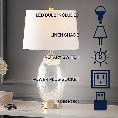 26.5" 1-outlet Style Iron/glass Led Table Lamp With Usb Charging Port, Silver/brass Gold