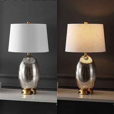 26.5" 1-outlet Style Iron/glass Led Table Lamp With Usb Charging Port, Silver/brass Gold
