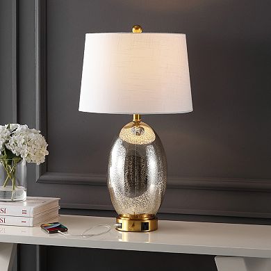 26.5" 1-outlet Style Iron/glass Led Table Lamp With Usb Charging Port, Silver/brass Gold
