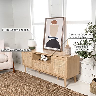59 In. Caned Tv Stand With Drawer And Storage Doors Fits Tvs Up To 65 In. With Cable Management