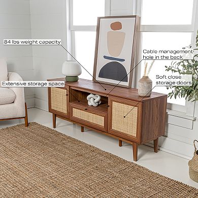 59 In. Caned Tv Stand With Drawer And Storage Doors Fits Tvs Up To 65 In. With Cable Management