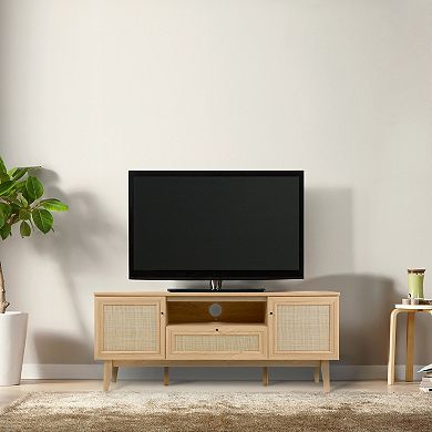 59 In. Caned Tv Stand With Drawer And Storage Doors Fits Tvs Up To 65 In. With Cable Management