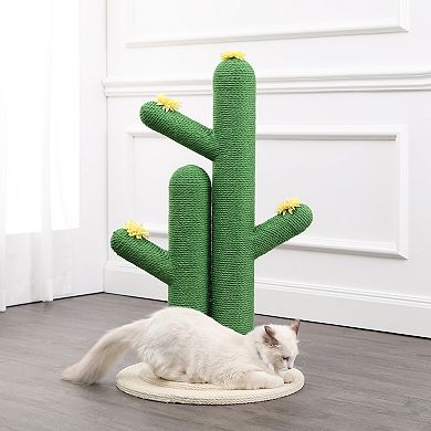 Socorro 34.25" Modern Jute Double-cactus Cat Scratching Post With Flower Toys