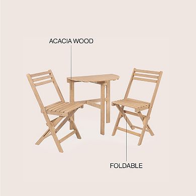 Cadiz Classic French Country 3-piece Acacia Wood Half-round Outdoor Folding Bistro Set