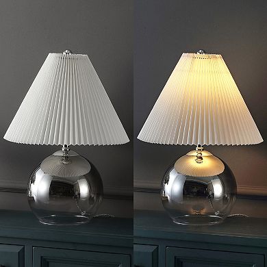 Louisa 22.5" Mid-century Modern Round Glass/iron Pleated Shade Led Table Lamp, Smoke Gradient/chrome
