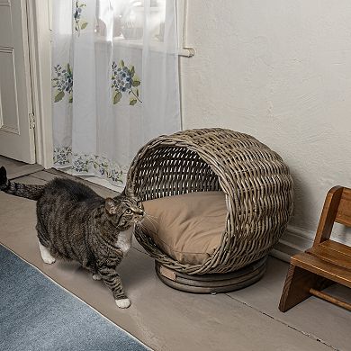 Socket Dome 19.5" X 17" Bohemian Handwoven Rattan Cat Bed With Machine-washable Cushion