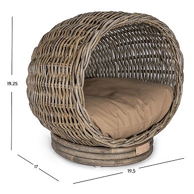 Socket Dome 19.5" X 17" Bohemian Handwoven Rattan Cat Bed With Machine-washable Cushion