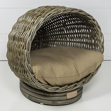 Socket Dome 19.5" X 17" Bohemian Handwoven Rattan Cat Bed With Machine-washable Cushion