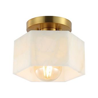 8" 1-light Modern Contemporary Alabaster/iron Hexagonal Led Semi Flush Mount, White Marbling/gold