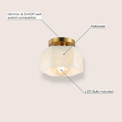 8" 1-light Modern Contemporary Alabaster/iron Hexagonal Led Semi Flush Mount, White Marbling/gold