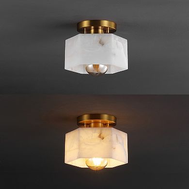 8" 1-light Modern Contemporary Alabaster/iron Hexagonal Led Semi Flush Mount, White Marbling/gold