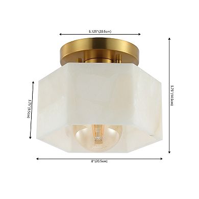 8" 1-light Modern Contemporary Alabaster/iron Hexagonal Led Semi Flush Mount, White Marbling/gold