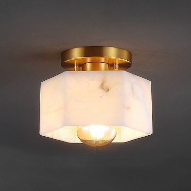 8" 1-light Modern Contemporary Alabaster/iron Hexagonal Led Semi Flush Mount, White Marbling/gold