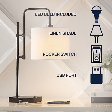 Edris 24.75" Industrial Designer Metal Led Task Lamp With Usb Charging Port, Black
