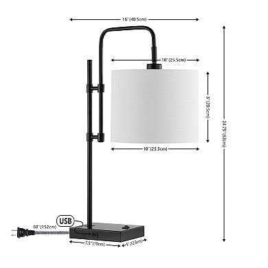 Edris 24.75" Industrial Designer Metal Led Task Lamp With Usb Charging Port, Black