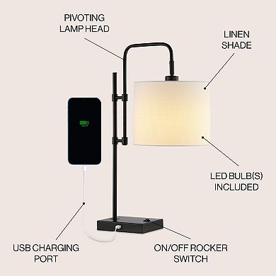 Edris 24.75" Industrial Designer Metal Led Task Lamp With Usb Charging Port, Black
