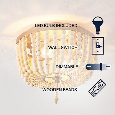 Allison 10" 2-light Shabby Chic Farmhouse Wood Beaded/metal Led Flush Mount, White